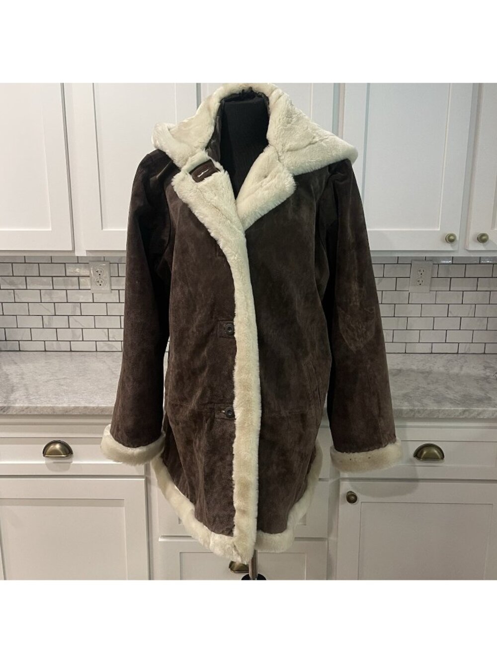 Vintage Wilsons‎ Leather Coat Womens 2XL Brown Suede Penny Lane Hood Shearling
